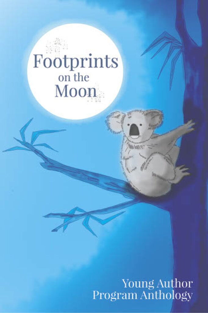 Front cover of Young Author Program Anthology featuring a Koala looking at the Moon and title Footprints on the Moon. The cover is electric blue